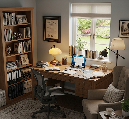 A study room with a desk and bookshelf